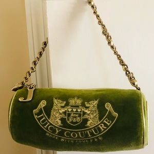 Juicy Couture Y2K Green Velour Mini Barrel Bag Purse Tootsie Roll With Gold Trim